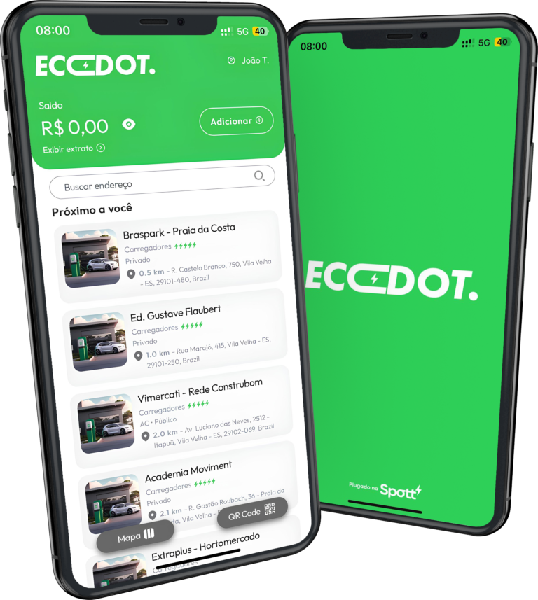 Tela do aplicativo EcoDot mostrando saldo e eletropostos próximos